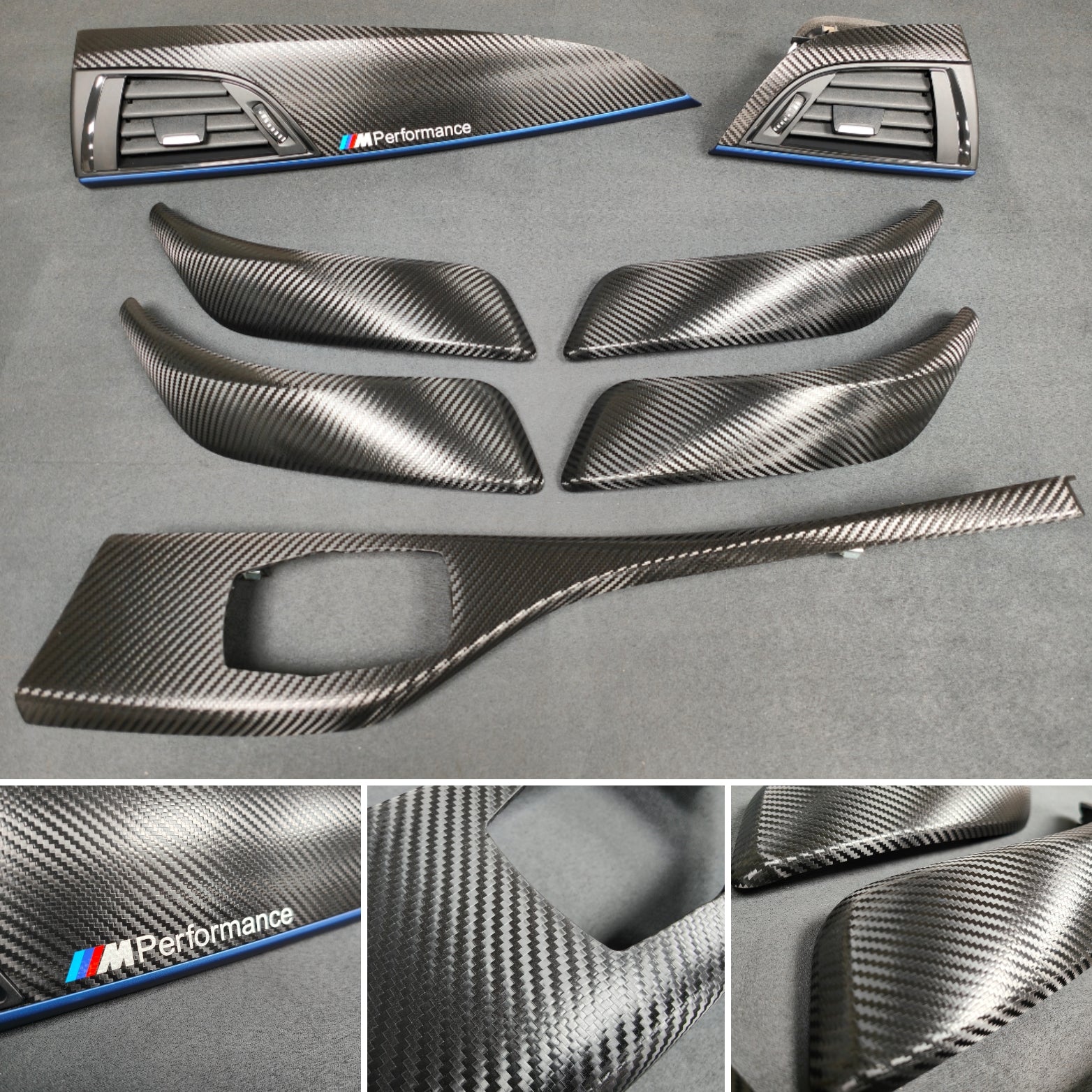 BMW F20 INTERIOR TRIM SET - DEEP TEXTURED GLOSSY CARBON / BLUE ACCENT (#19)
